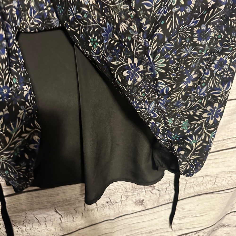 LOFT Black Floral Dress Size 8 | Sheer Overlay Tie Waist - Picture 5 of 7